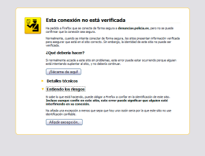 Ventana de Mozilla Firefox con alerta de seguridad por una conexión no verificada y añadir excepción de confianza