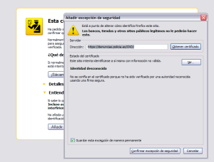Ventana emergente de Firefox para confirmar que se añade una excepción de seguridad para un certificado de identidad desconocida