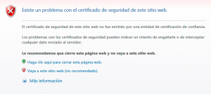 Alerta de seguridad de Interne Explorer por un problema con el certificado de seguridad del sitio web y si se desea ir al mismo o cerrar la página